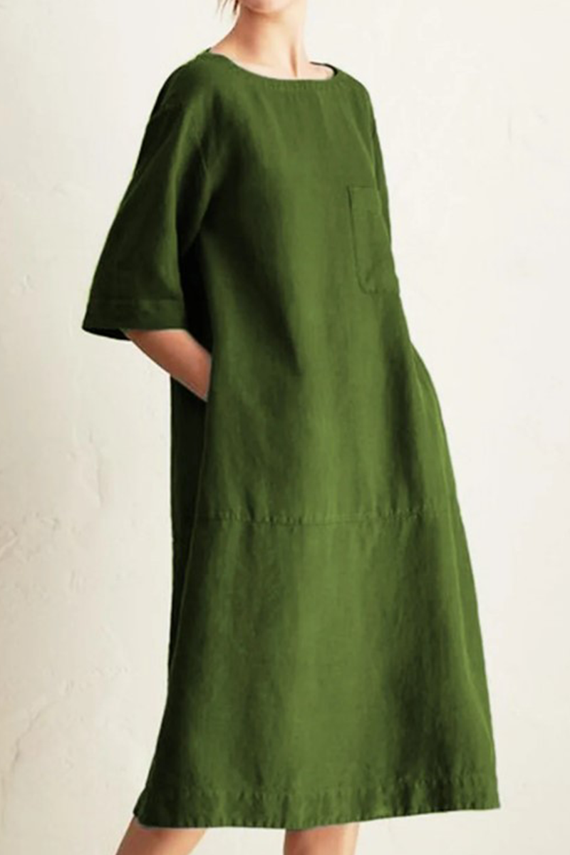 Women's Loose Fit Knee-Length Linen Dress - Half Sleeve, Round Neck Green