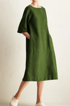 Women's Loose Fit Knee-Length Linen Dress - Half Sleeve, Round Neck