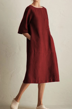 Women's Loose Fit Knee-Length Linen Dress - Half Sleeve, Round Neck