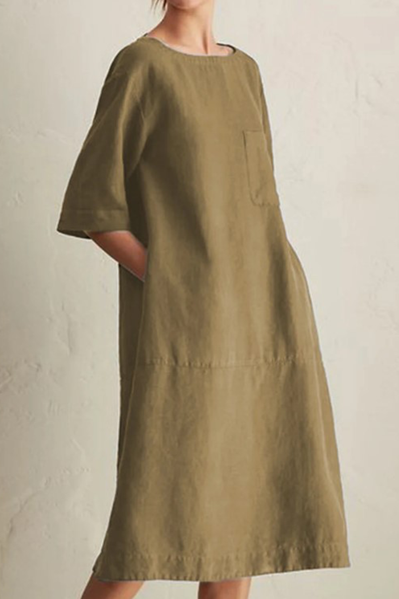 Women's Loose Fit Knee-Length Linen Dress - Half Sleeve, Round Neck Khaki