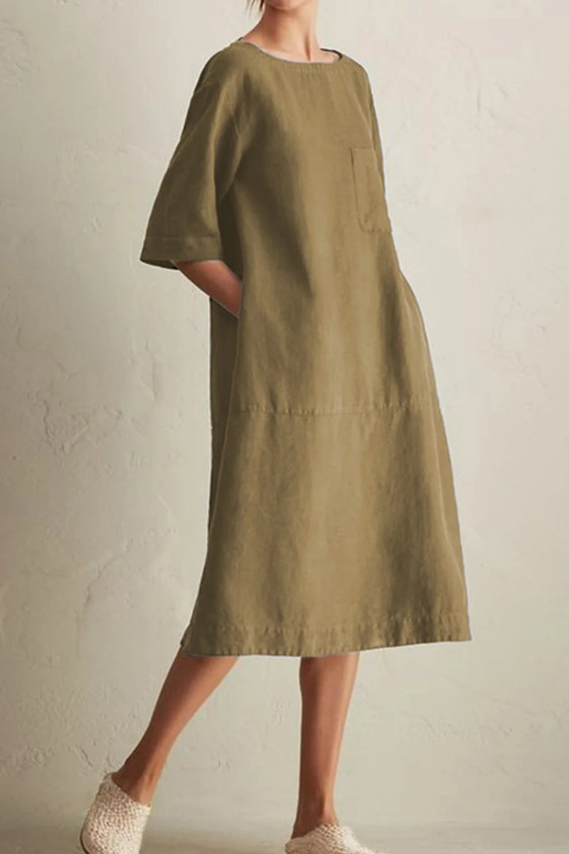 Women's Loose Fit Knee-Length Linen Dress - Half Sleeve, Round Neck