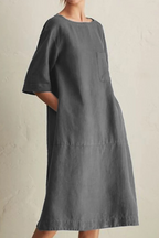 Women's Loose Fit Knee-Length Linen Dress - Half Sleeve, Round Neck Light grey