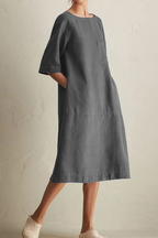 Women's Loose Fit Knee-Length Linen Dress - Half Sleeve, Round Neck