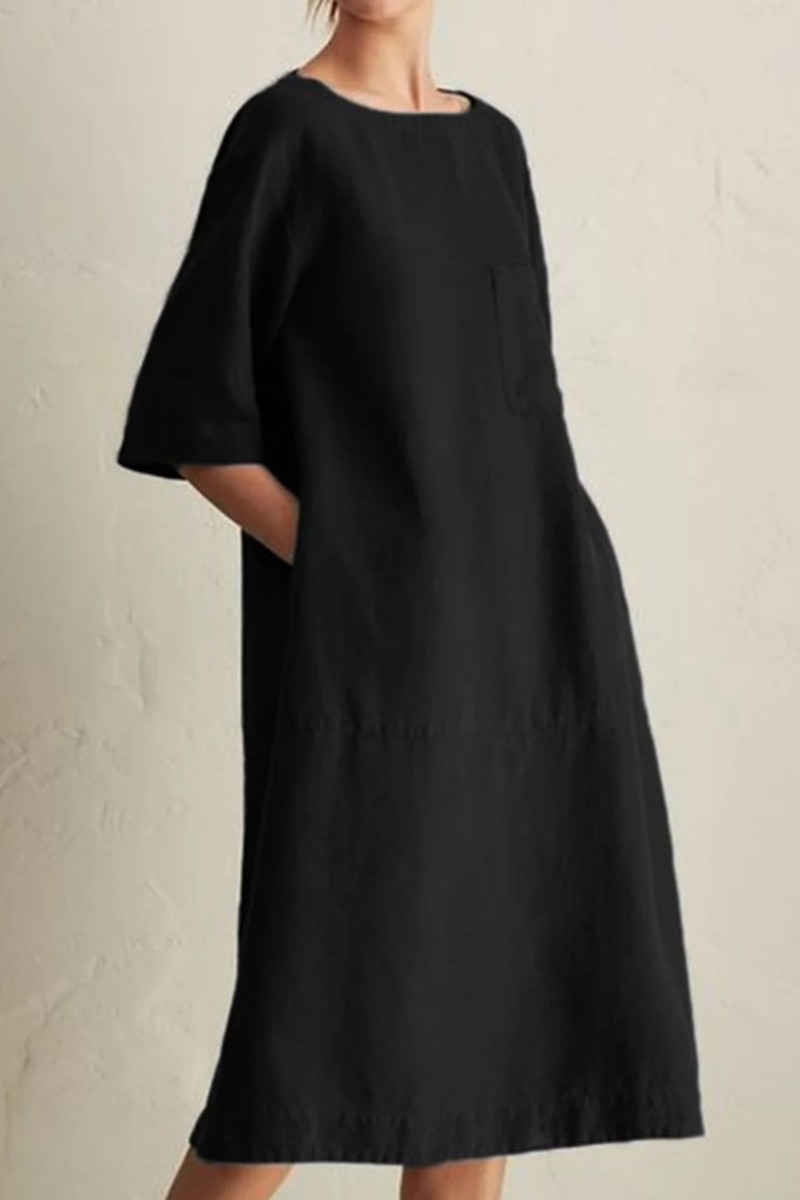 Women's Loose Fit Knee-Length Linen Dress - Half Sleeve, Round Neck Black