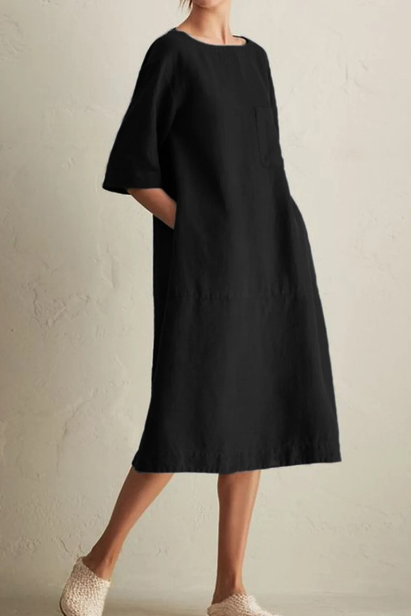 Women's Loose Fit Knee-Length Linen Dress - Half Sleeve, Round Neck
