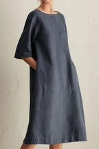Women's Loose Fit Knee-Length Linen Dress - Half Sleeve, Round Neck Grey