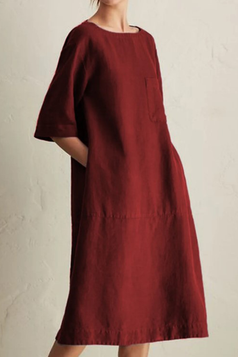 Women's Loose Fit Knee-Length Linen Dress - Half Sleeve, Round Neck Bordeaux