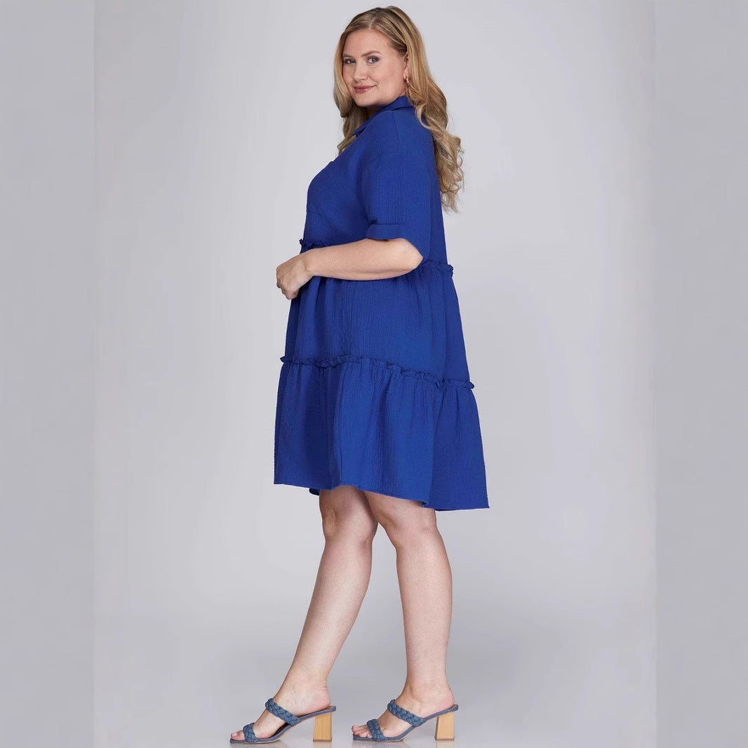 Women's Loose Fit Tiered Mini Dress - Cotton Linen Blend, Collared Short Sleeve
