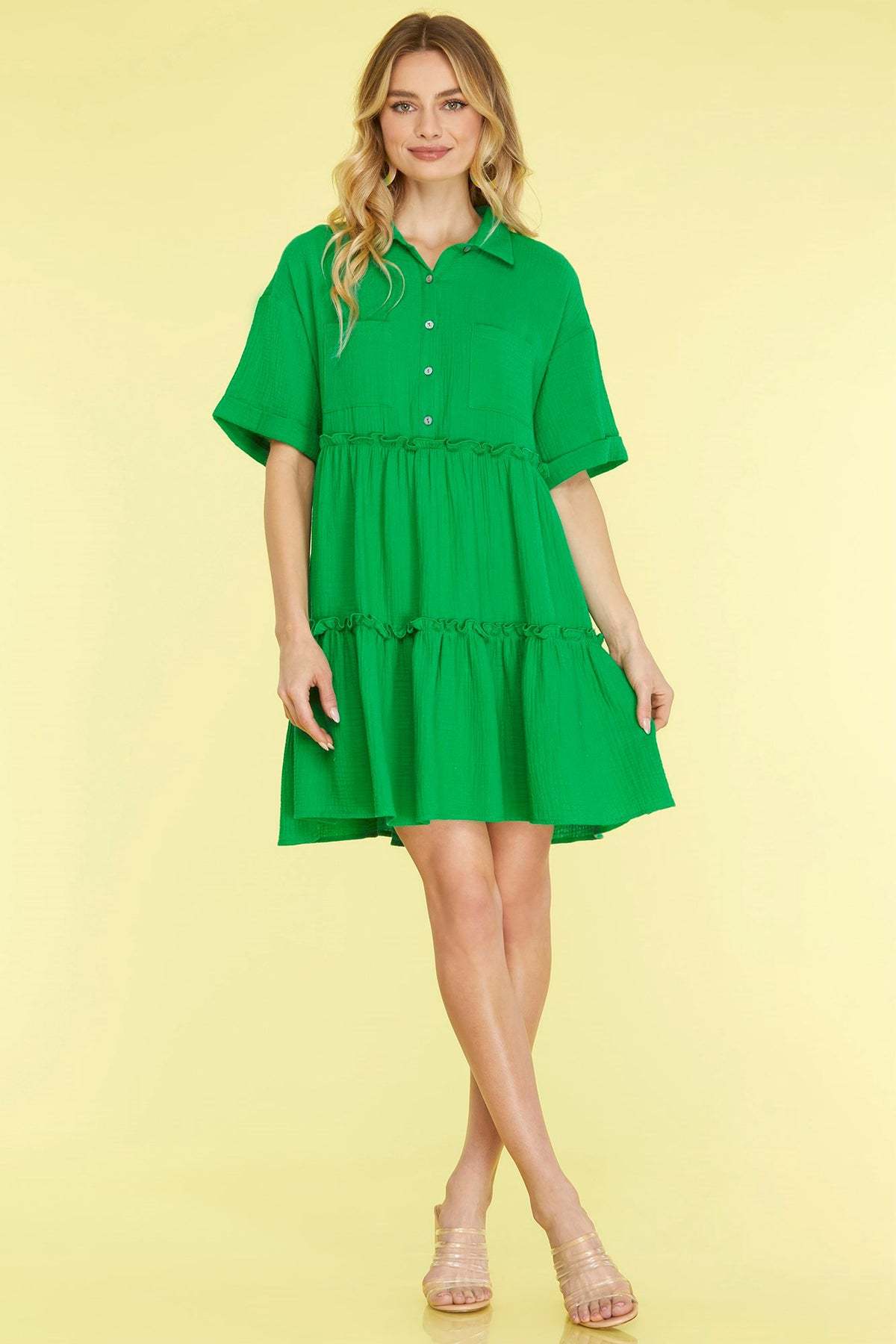 Women's Loose Fit Tiered Mini Dress - Cotton Linen Blend, Collared Short Sleeve