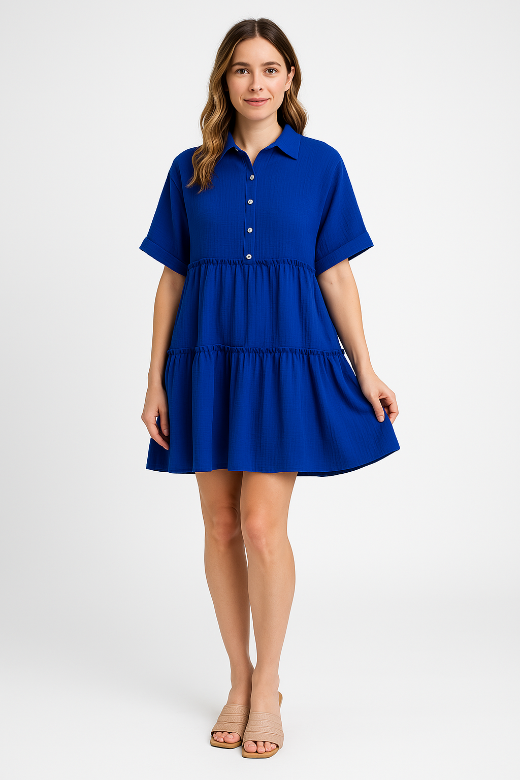 Women's Loose Fit Tiered Mini Dress - Cotton Linen Blend, Collared Short Sleeve Blue