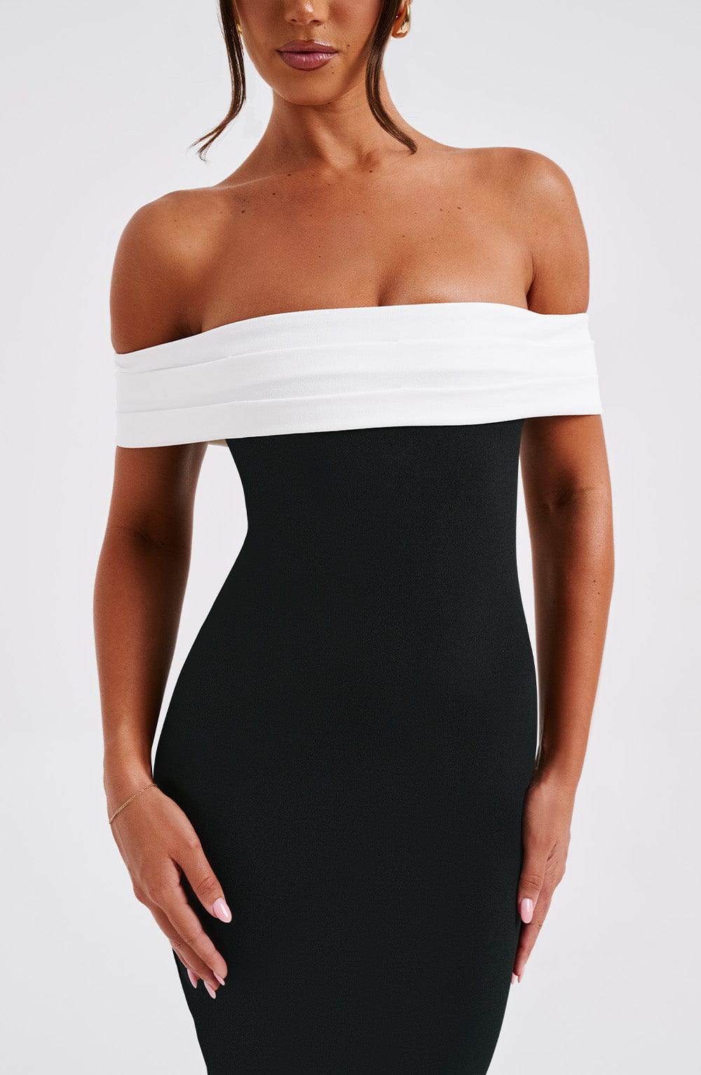 Women's Midi Dress - Luxurious Stretch Crepe, Pleated Bardot Neckline, Fit & Flare | Black
