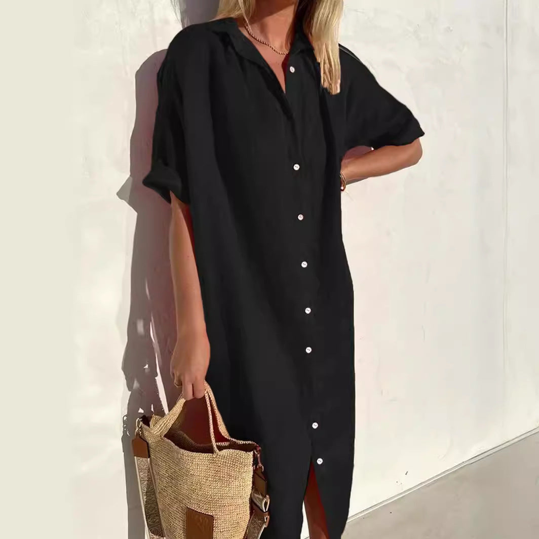 Women's Midi Shirt Dress - Cotton Linen Blend, Relaxed Fit, Button Down Black