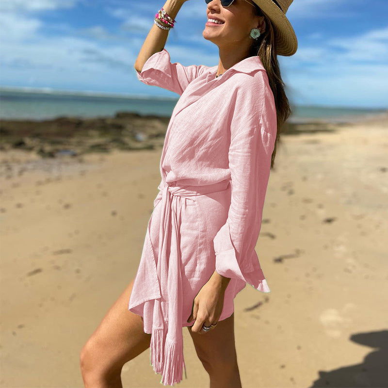 Women's Mini Wrap Dress - Cotton Linen Blend, Long Sleeve, Collared V-Neck for Summer