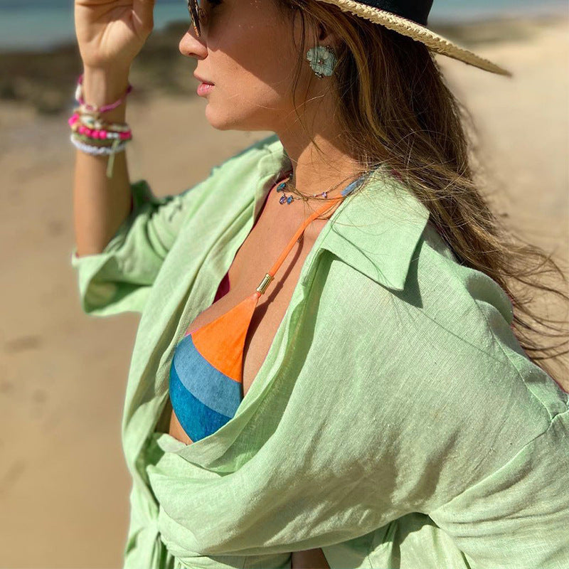 Women's Mini Wrap Dress - Cotton Linen Blend, Long Sleeve, Collared V-Neck for Summer