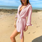 Women's Mini Wrap Dress - Cotton Linen Blend, Long Sleeve, Collared V-Neck for Summer Pink