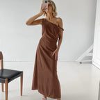 Women's One-Shoulder Cotton Linen Blend Dress - Slim Fit Formal Wear | Brown L