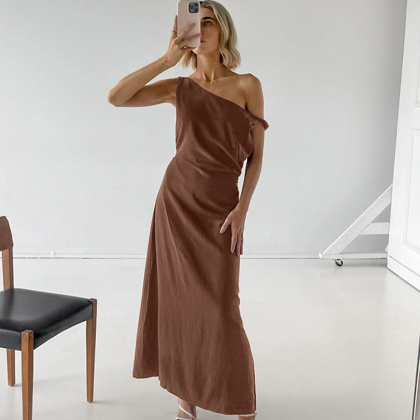Women's One-Shoulder Cotton Linen Blend Dress - Slim Fit Formal Wear | Brown L