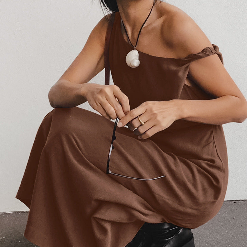 Women's One-Shoulder Cotton Linen Blend Dress - Slim Fit Formal Wear | Brown