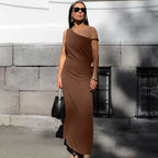 Women's One-Shoulder Cotton Linen Blend Dress - Slim Fit Formal Wear | Brown