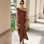 Women's One-Shoulder Cotton Linen Blend Dress - Slim Fit Formal Wear | Brown