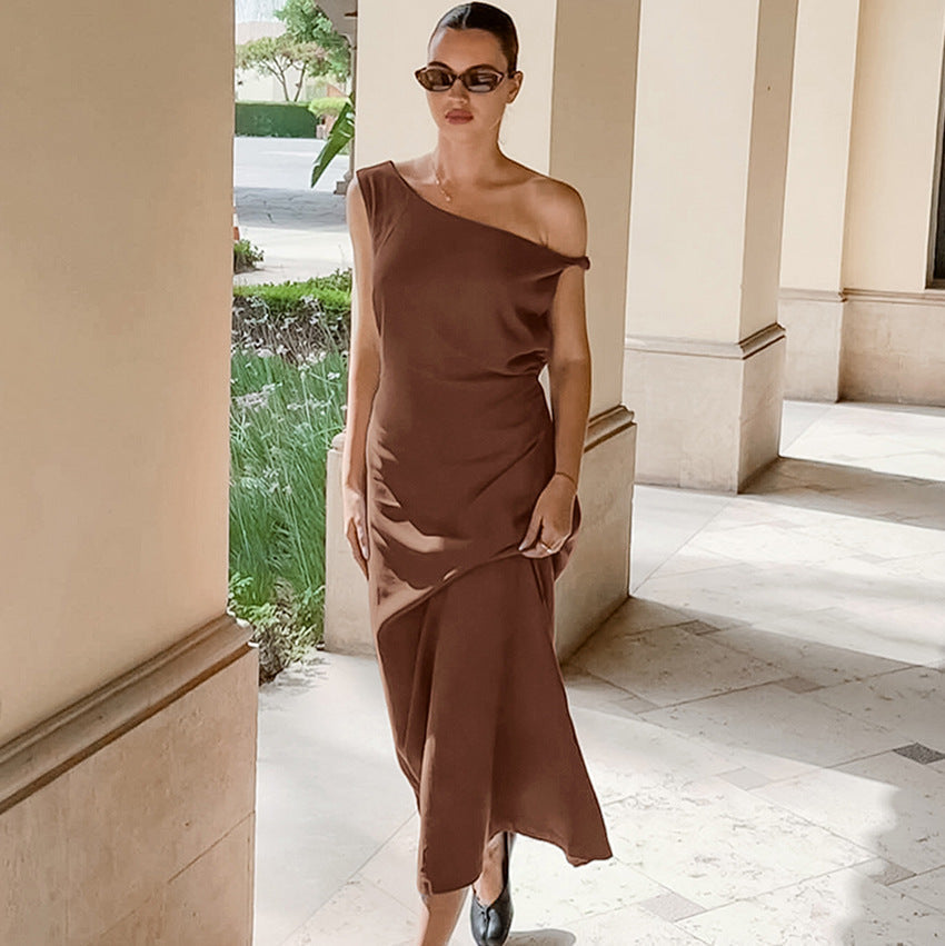 Women's One-Shoulder Cotton Linen Blend Dress - Slim Fit Formal Wear | Brown
