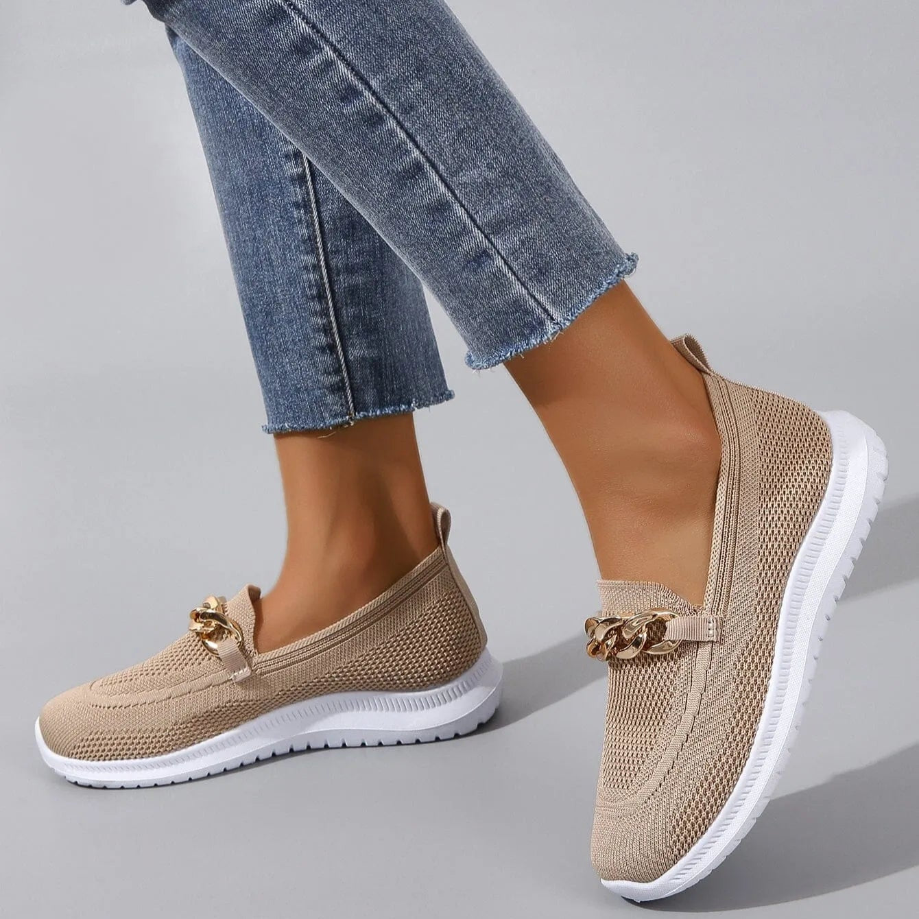 Women's Pain Relief Orthopaedic Slip-On Shoes with Gold Chain Detail | Cushioned Comfort & Flexibility