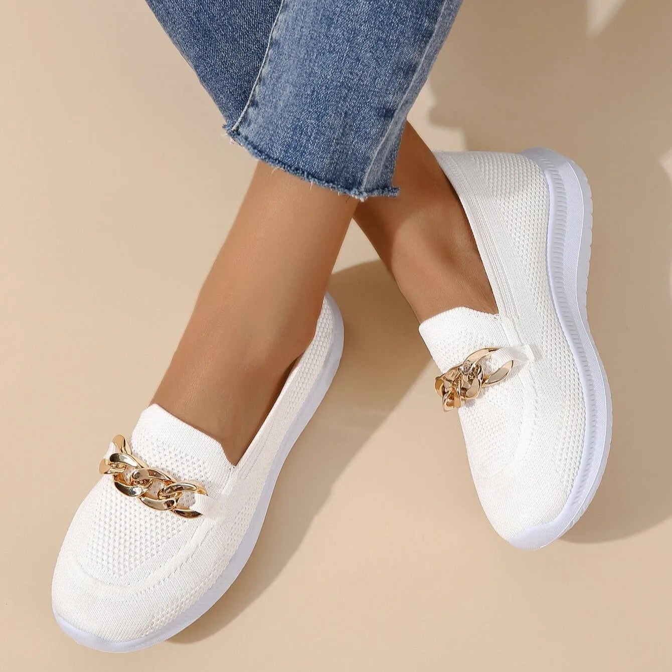 Women's Pain Relief Orthopaedic Slip-On Shoes with Gold Chain Detail | Cushioned Comfort & Flexibility