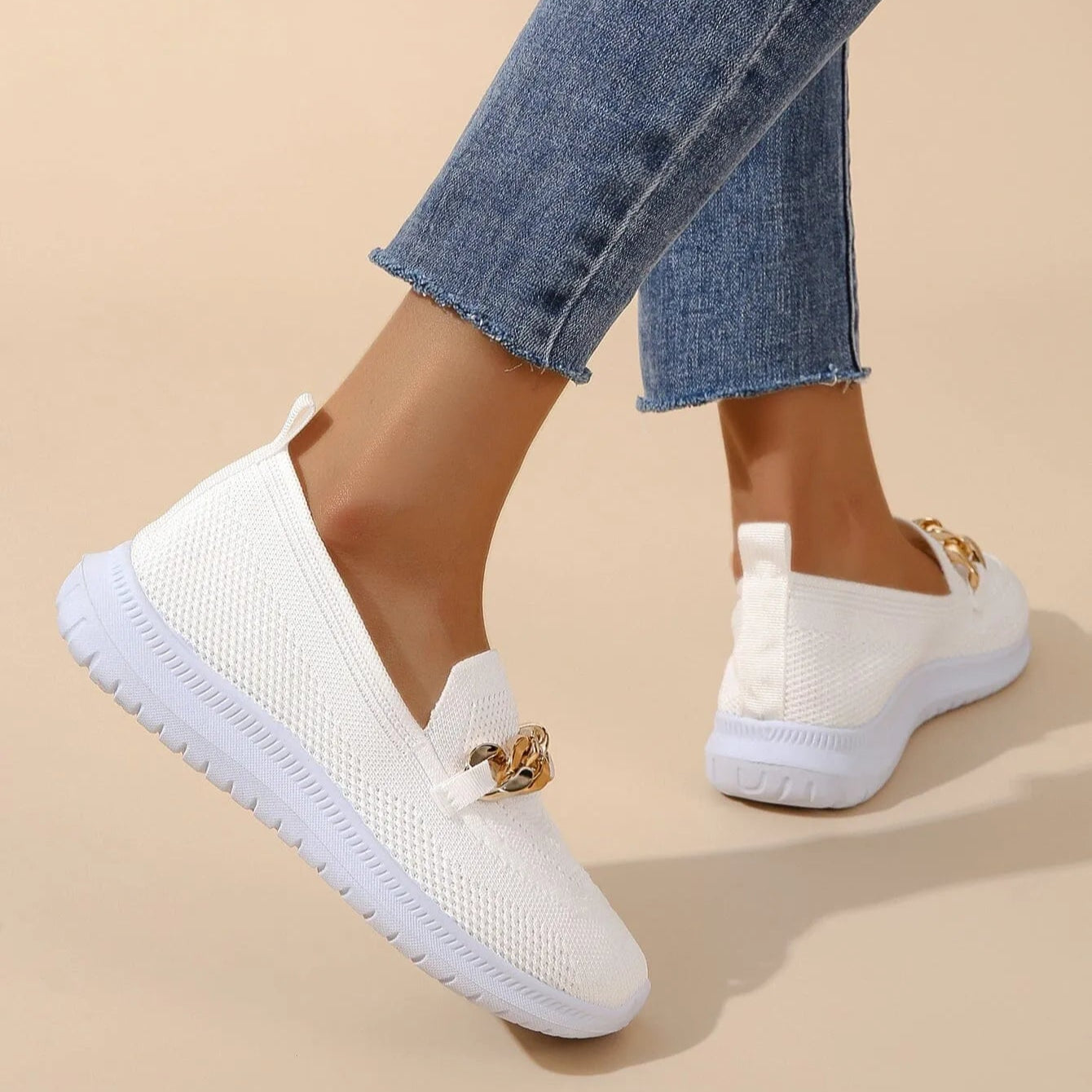 Women's Pain Relief Orthopaedic Slip-On Shoes with Gold Chain Detail | Cushioned Comfort & Flexibility