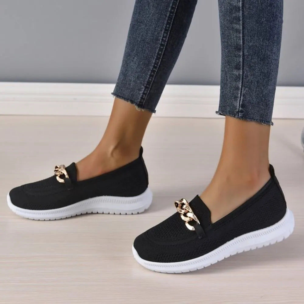 Women's Pain Relief Orthopaedic Slip-On Shoes with Gold Chain Detail | Cushioned Comfort & Flexibility Black