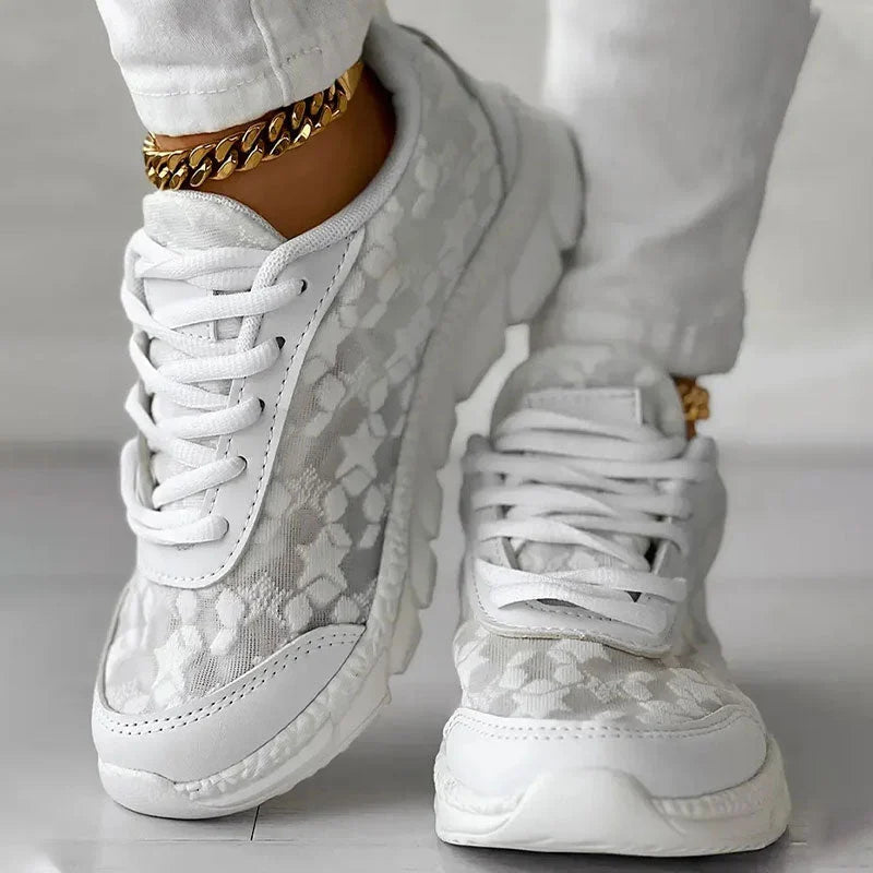 Women's Ortho Sneakers - Breathable Mesh, Cushioned Sole, Lace-Up Low Top | White