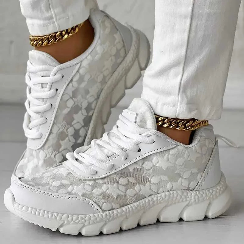 Women's Ortho Sneakers - Breathable Mesh, Cushioned Sole, Lace-Up Low Top | White
