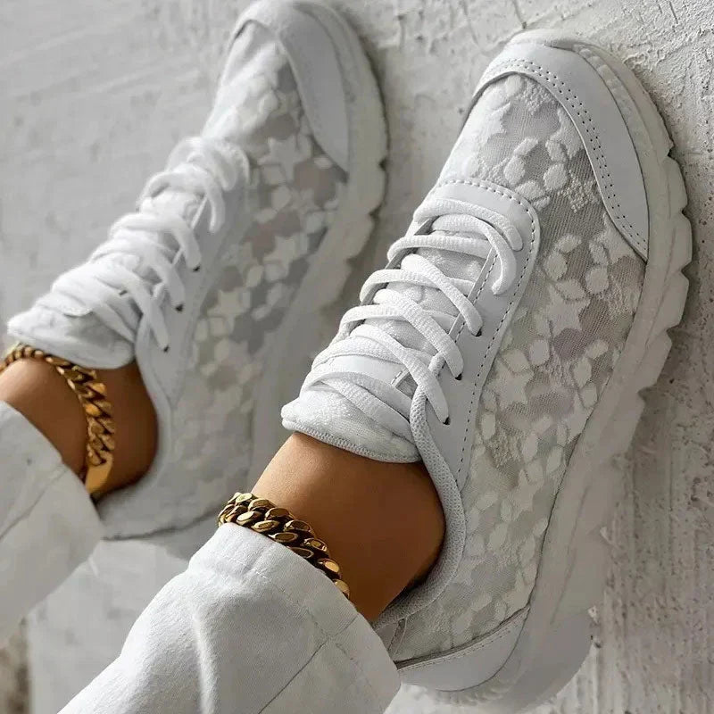 Women's Ortho Sneakers - Breathable Mesh, Cushioned Sole, Lace-Up Low Top | White