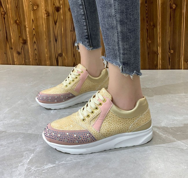 Women's Ortho Sneakers with Rhinestone Detail & Snakeskin Texture Gold