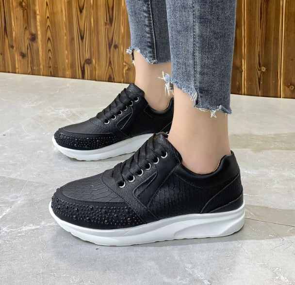 Women's Ortho Sneakers with Rhinestone Detail & Snakeskin Texture Black