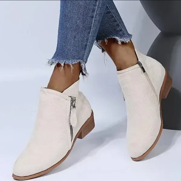 Women's Pain Relief Orthopaedic Ankle Boots with Side Zipper, Block Heel for Comfort & Style Beige