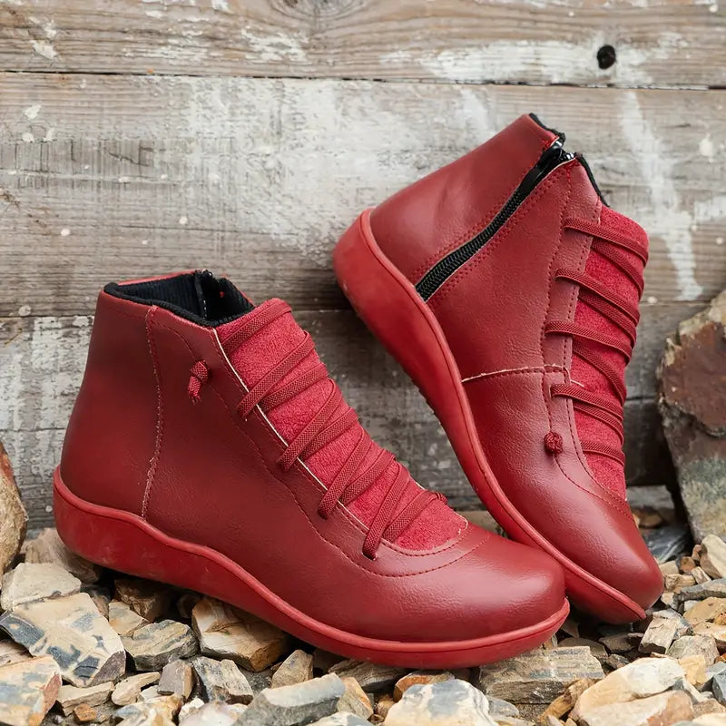 Orthopaedic Women's Leather Shoes with Zip Closure | Comfortable & Durable Red