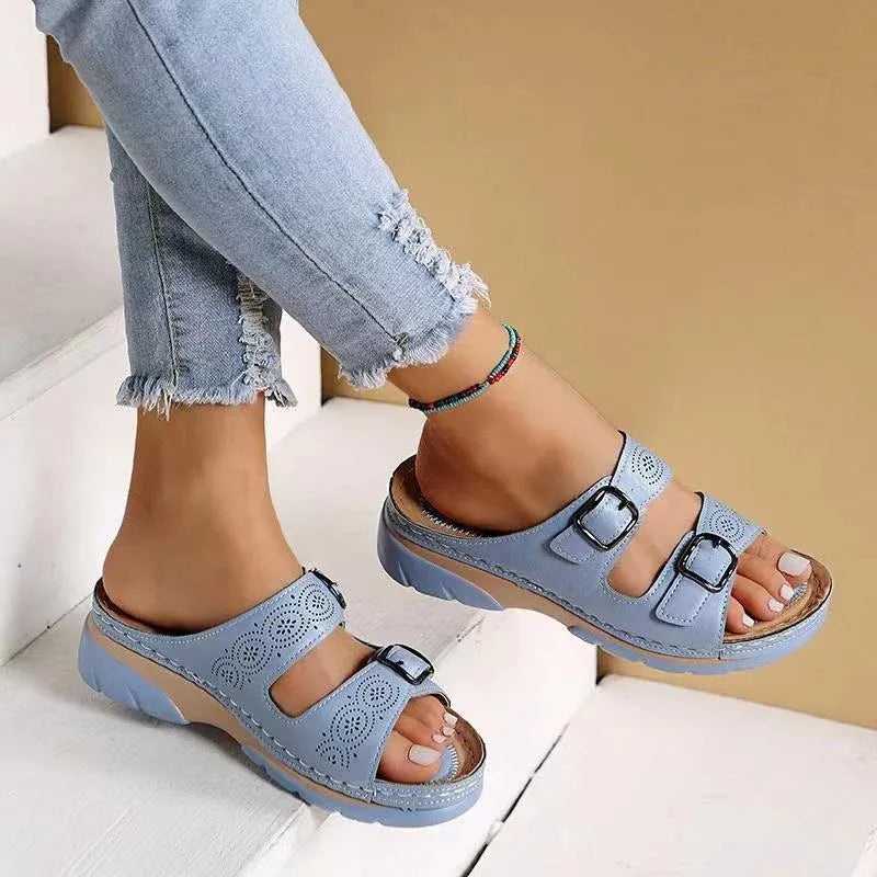 Women's Orthopaedic Pain Relief Slide Sandals with Adjustable Buckle Straps Blue