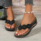 Women's Orthopaedic Sandals with Floral Detail, Comfort Sole & Toe Post Design Black