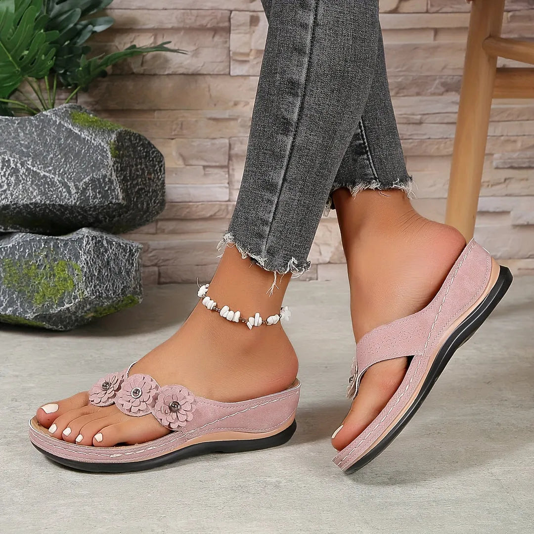 Women's Orthopaedic Sandals with Floral Detail, Comfort Sole & Toe Post Design Pink