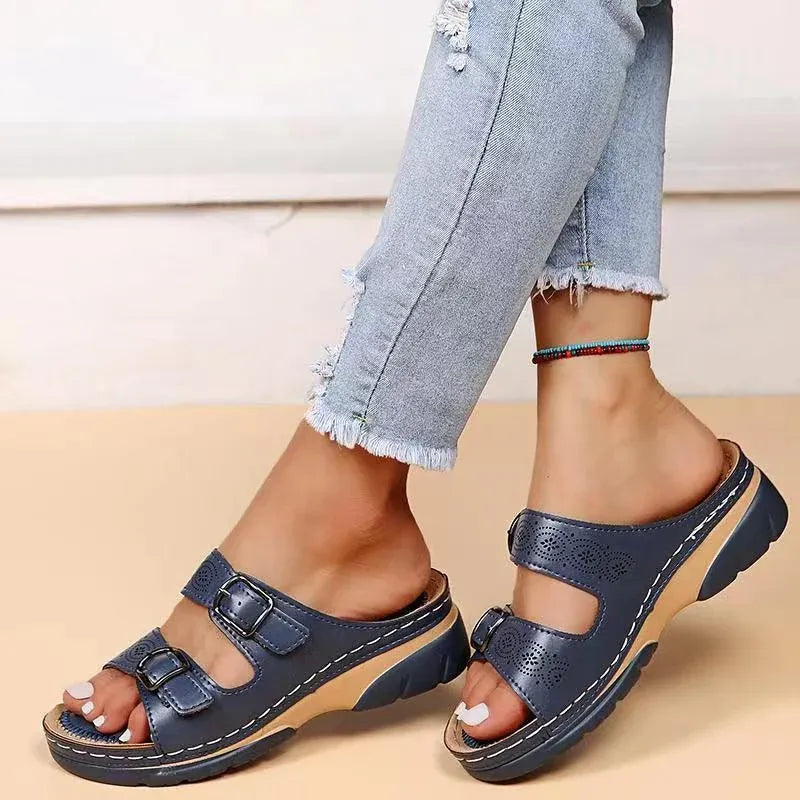 Women's Orthopaedic Pain Relief Slide Sandals with Adjustable Buckle Straps for Comfort and Support Navy