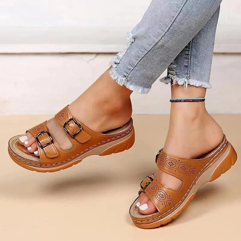 Women's Orthopaedic Pain Relief Slide Sandals with Adjustable Buckle Straps for Comfort and Support Brown