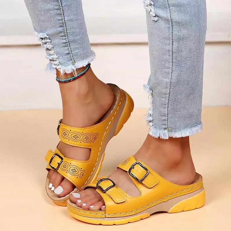 Women's Orthopaedic Pain Relief Slide Sandals with Adjustable Buckle Straps for Comfort and Support Yellow