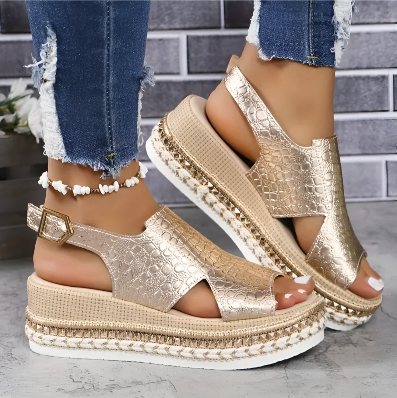 Women's Orthopaedic Slingback Platform Sandals with Supportive Comfort Gold