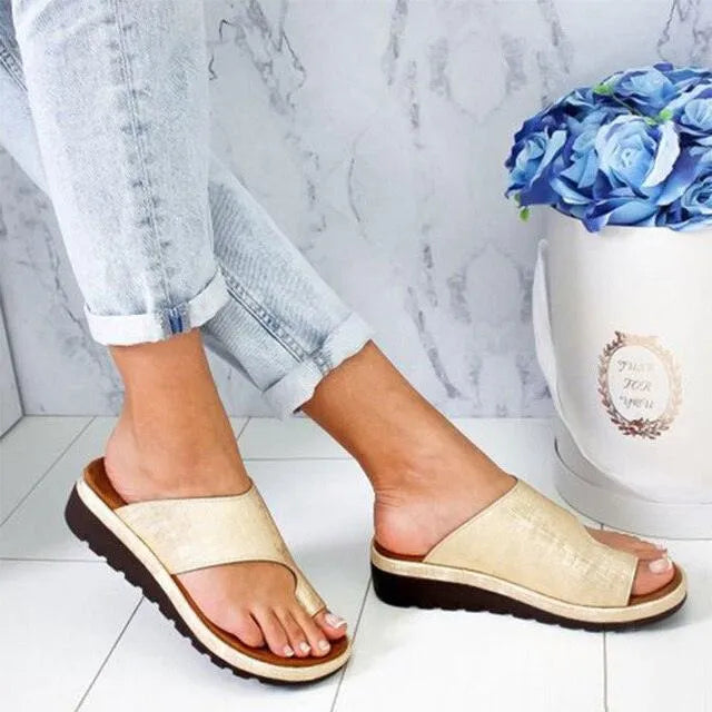 Women's Orthopaedic Slip-On Sandals with Toe Support for All-Day Comfort and Style Gold