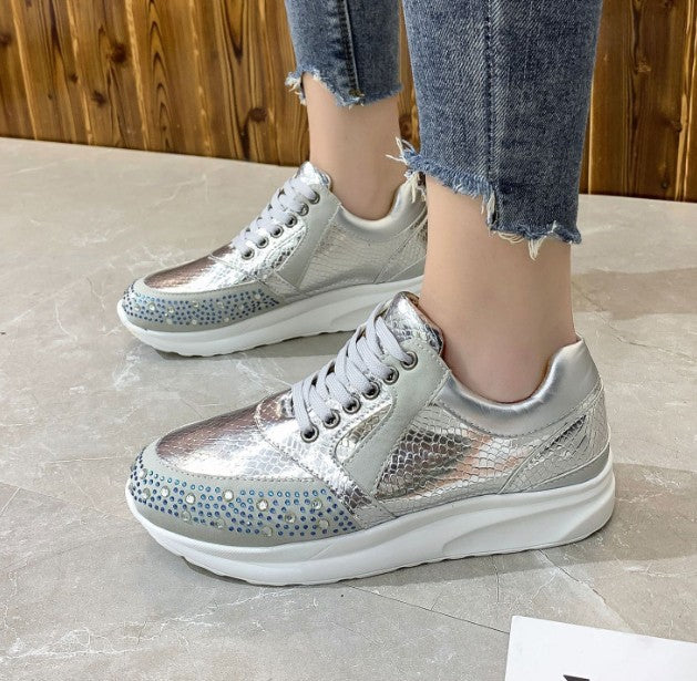 Women's Orthopaedic Sneakers with Rhinestone Detail & Snakeskin Texture Silver