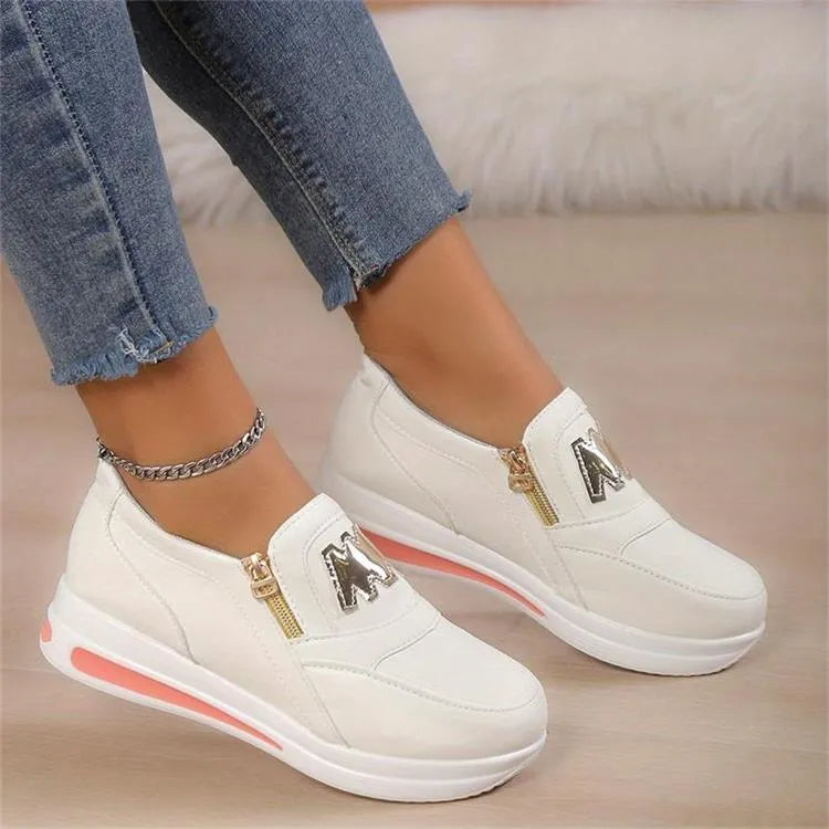 Women's Pain Relief Orthopaedic Sneakers with Zipper Detail - Stylish, Comfortable Fit for All-Day Wear White