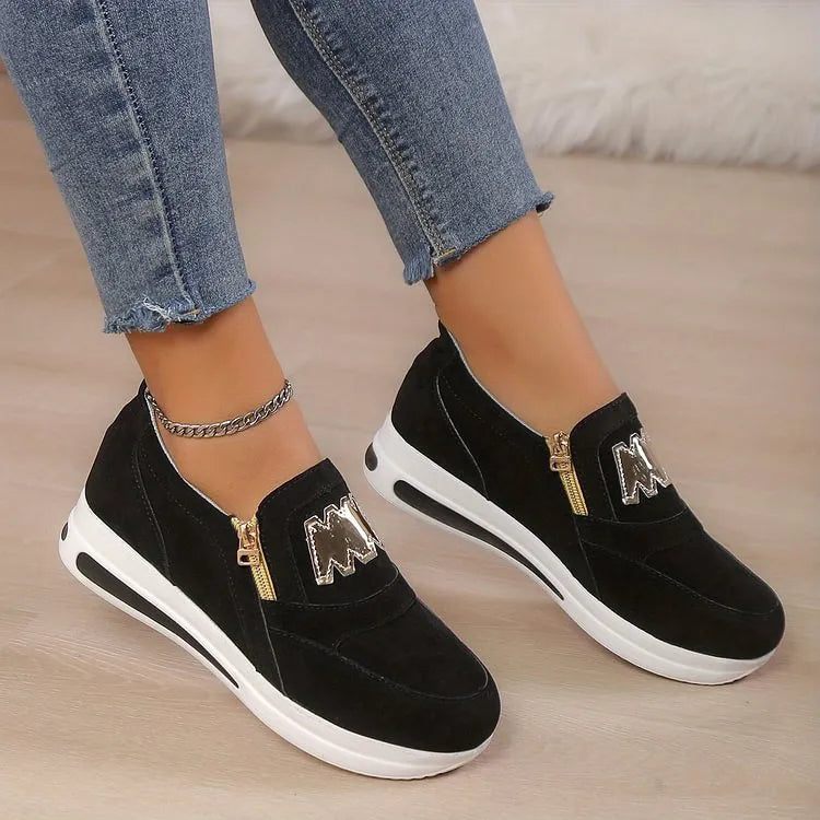 Women's Pain Relief Orthopaedic Sneakers with Zipper Detail - Stylish, Comfortable Fit for All-Day Wear Black