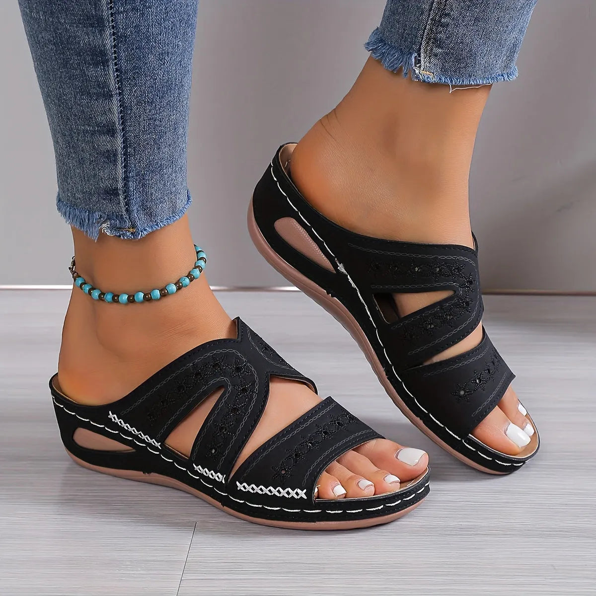 Women's Pain Relief Orthopaedic Wedge Sandals - Slip-On Design with Cutouts for Comfort and Style Black