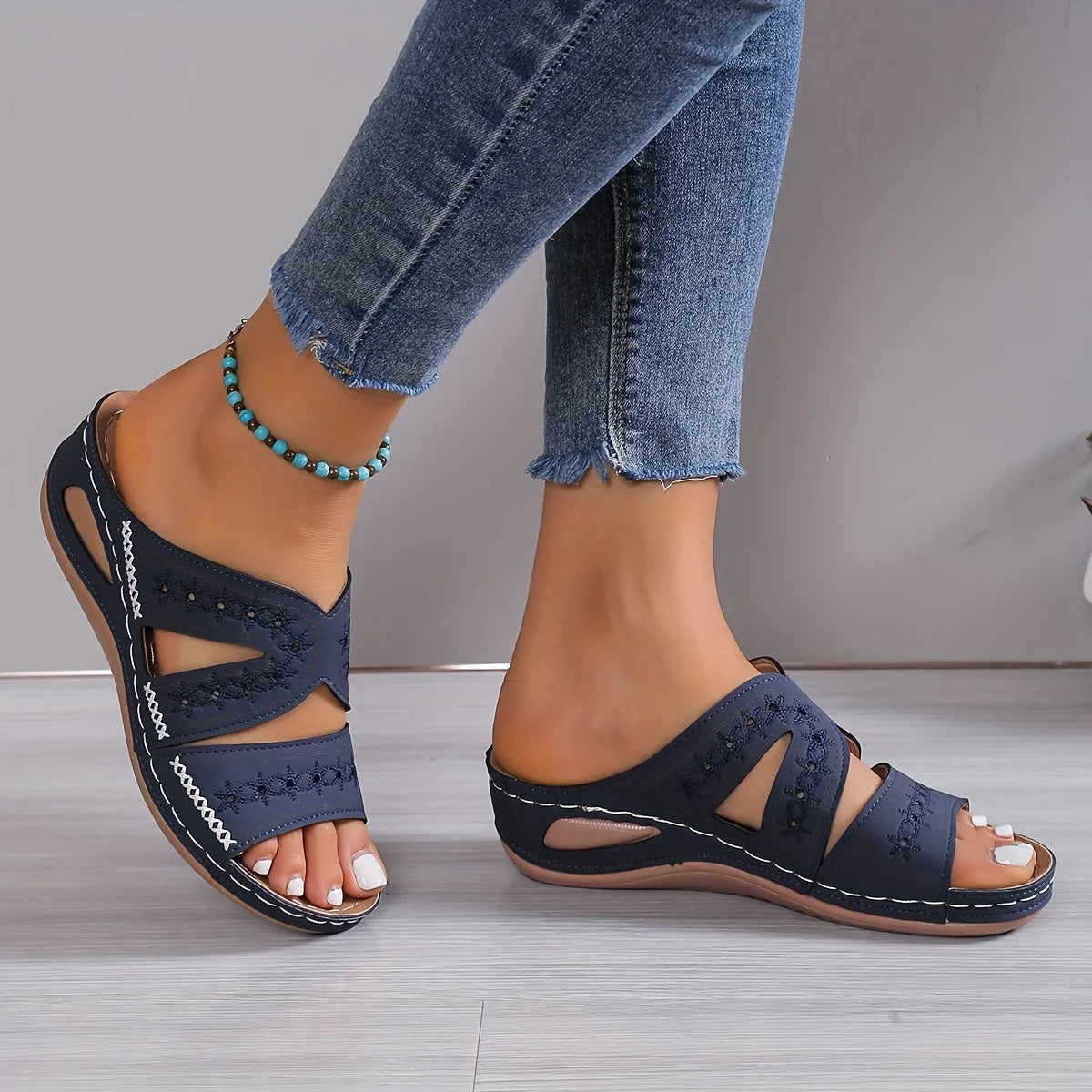 Women's Pain Relief Orthopaedic Wedge Sandals - Slip-On Design with Cutouts for Comfort and Style Blue