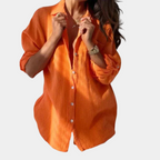 Women's Oversized Button-Up Shirt - Lightweight Cotton Linen, Long Sleeve Casual Orange
